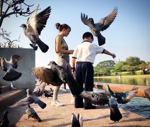 Siblings standing amidst pigeons flying