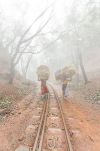 Rear view of people walking on railway tracks