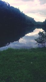 Scenic view of lake against cloudy sky