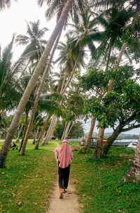 Rear view of woman walking on palm trees