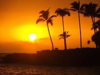 Silhouette palm trees against calm sea at sunset