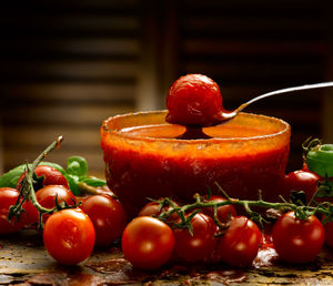 Close-up of fruits in plate on table