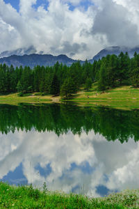 Scenic view of lake against cloudy sky