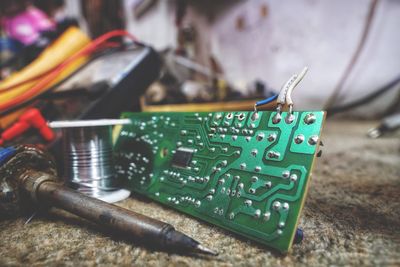 Close-up of computer parts on table