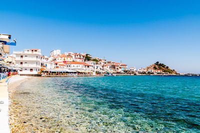 Scenic view of sea against clear blue sky