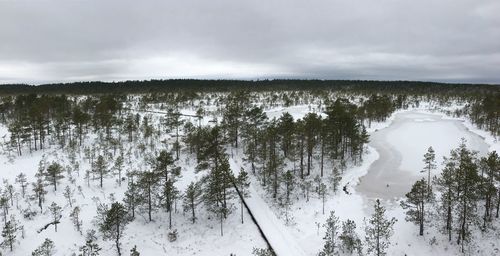 Scenic view of snow covered land against sky