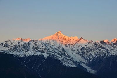 Scenic view of snowcapped mountains against clear sky