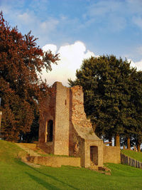 Trees on field by old building against sky