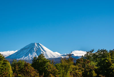 Scenic view of snowcapped mountains against clear blue sky