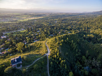 High angle view of trees on landscape against sky