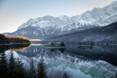 Scenic view of lake by snowcapped mountains against sky