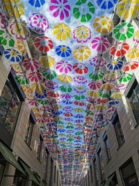 Low angle view of multi colored flags hanging on ceiling of building