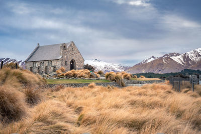 Beautiful scene of church of good shepherd in the winter morning, lake tekapo, new zealand.