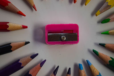 High angle view of colored pencils on table