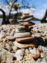Close-up of stone stack on rock