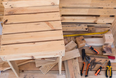 High angle view of wooden chair