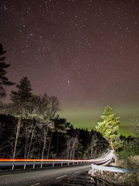 Light trails on road amidst trees against sky at night