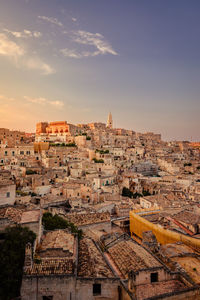 High angle view of townscape against sky during sunset