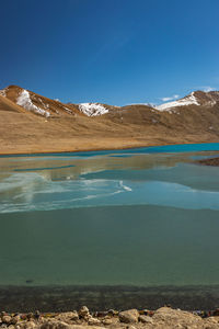 Scenic view of lake by mountains against blue sky