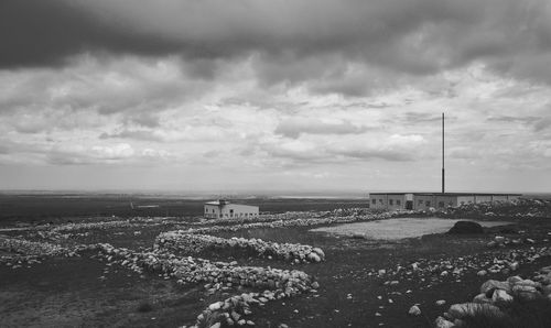 Scenic view of field by buildings against sky