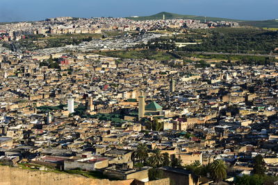 High angle view of buildings in city