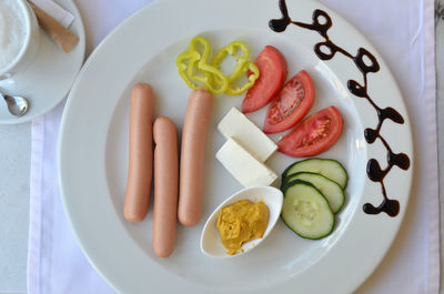 High angle view of breakfast served on table