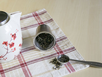 High angle view of tea on table