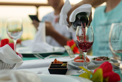 Wine glasses on table in restaurant