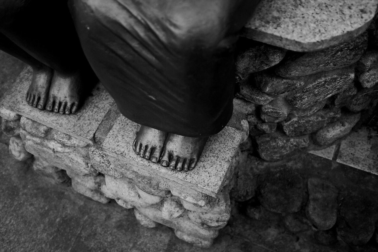 indoors, close-up, cropped, high angle view, part of, day, wood - material, sunlight, low section, focus on foreground, person, abandoned, messy, metal, rope