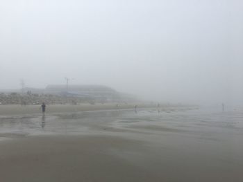 Person walking fog covered beach