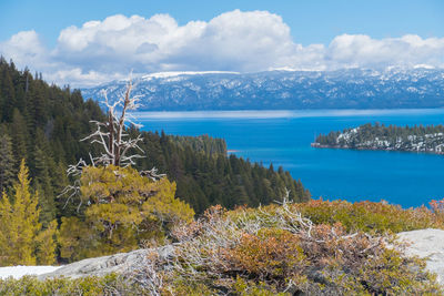 Scenic view of sea and mountains against sky