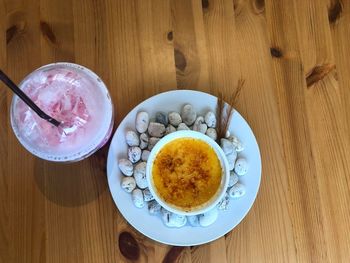 High angle view of breakfast served on table