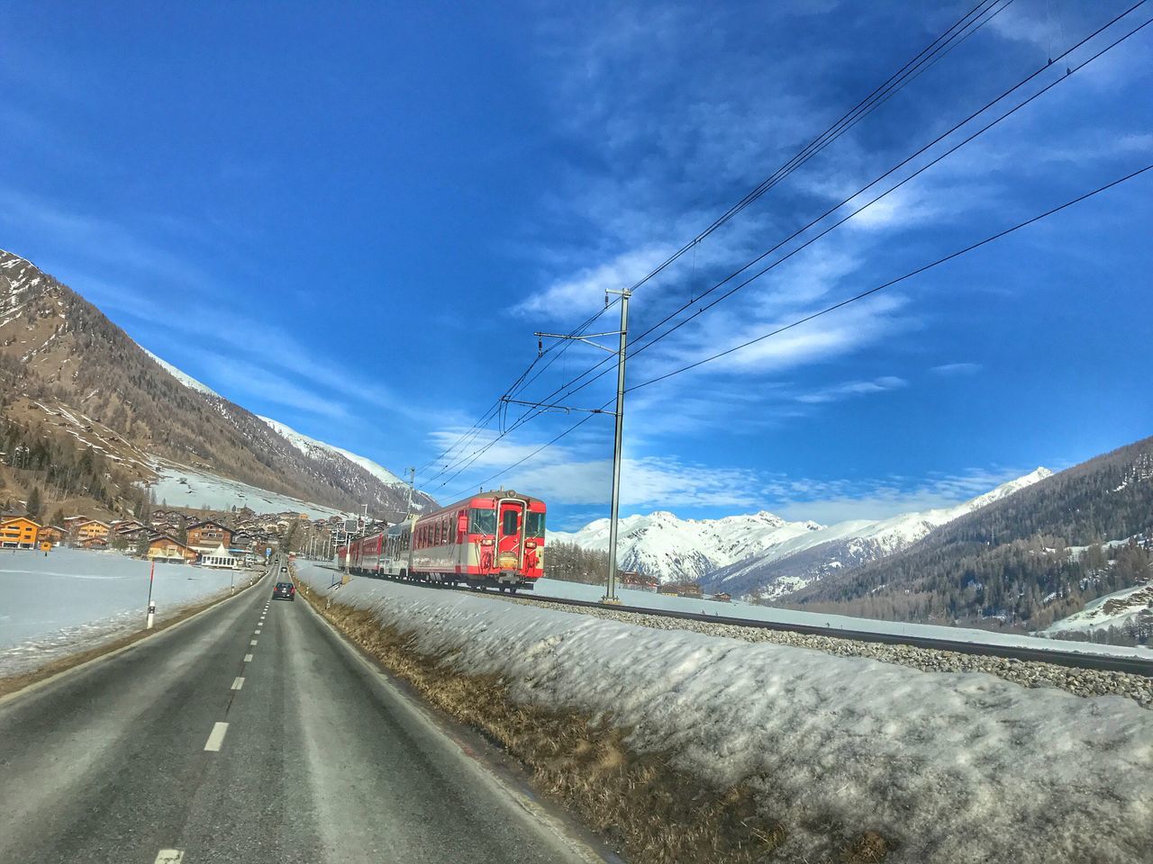 transportation, sky, car, mode of transport, blue, the way forward, road, snow, cloud - sky, land vehicle, outdoors, no people, road sign, cold temperature, nature, day