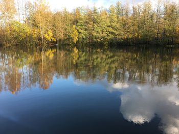 Scenic view of lake by trees against sky