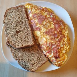 High angle view of breakfast served on table