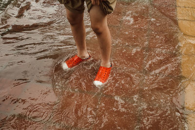 Low section of man standing on wet shore