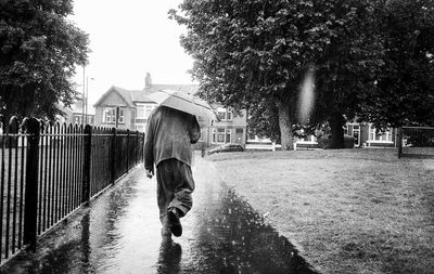 Rear view of man walking on horse