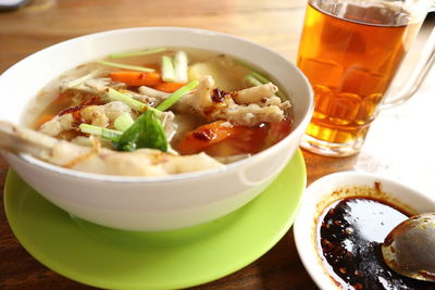 Close-up of soup in bowl on table