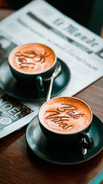 High angle view of coffee on table