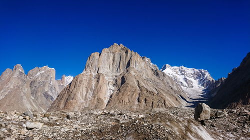 Panoramic view of snowcapped mountains against clear blue sky