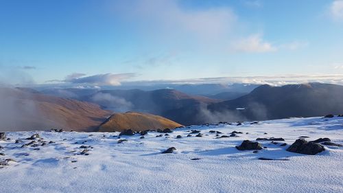 Scenic view of snowcapped mountains against sky