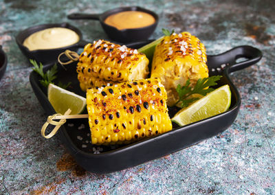High angle view of food in plate on table