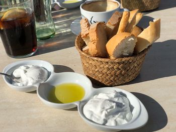 High angle view of breakfast on table