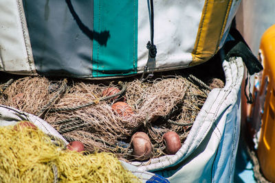 High angle view of birds on fishing net