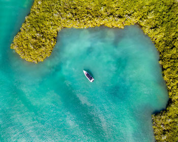 Aerial view of boat on sea during sunny day