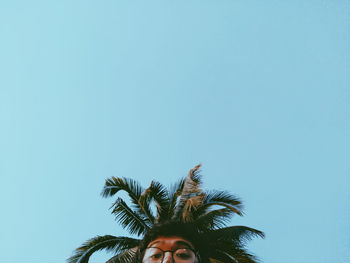 Low angle view of coconut palm tree against clear blue sky