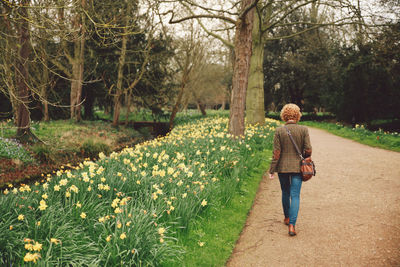 Rear view of woman walking on road