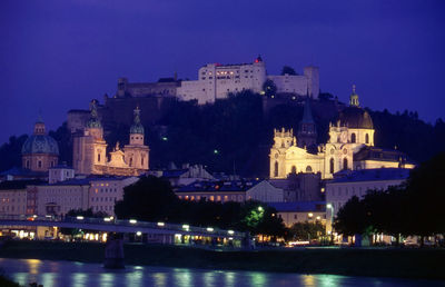 Illuminated buildings against blue sky at night