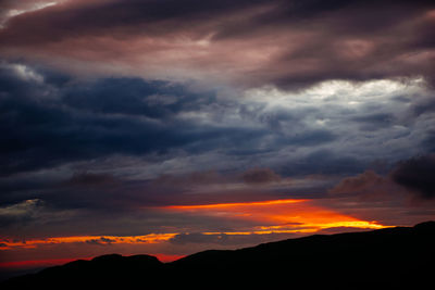 Scenic view of dramatic sky over silhouette landscape