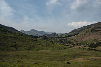 Scenic view of landscape and mountains against sky